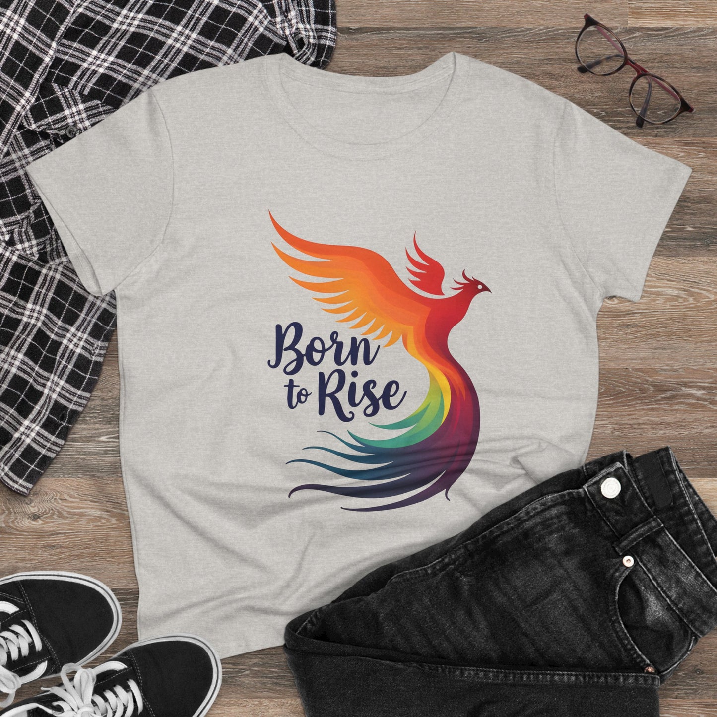 Born to Rise Women’s Crewneck Tee – Empowering Phoenix Colorful Shirt