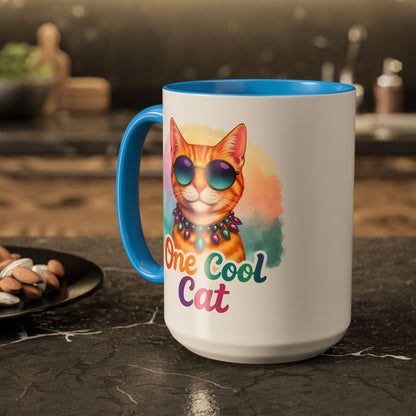 One Cool Cat – Groovy Fun Colorful Kitty Mug (Blue Accent, 11oz & 15oz)