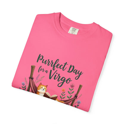 Purrfect Day for a Virgo – Cozy Cat & Hammock Zodiac Tee