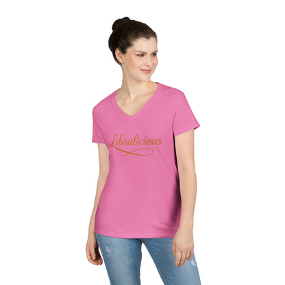 Libralicious Women’s V-Neck Tee – Empowering Retro Zodiac Script Shirt