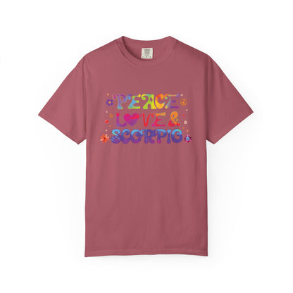 Peace Love & Scorpio Tee – Colorful Retro Zodiac Shirt