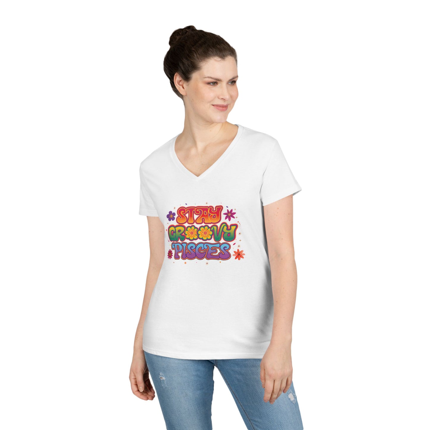 Stay Groovy Pisces Women’s V-Neck Tee – Empowering Retro Zodiac Shirt