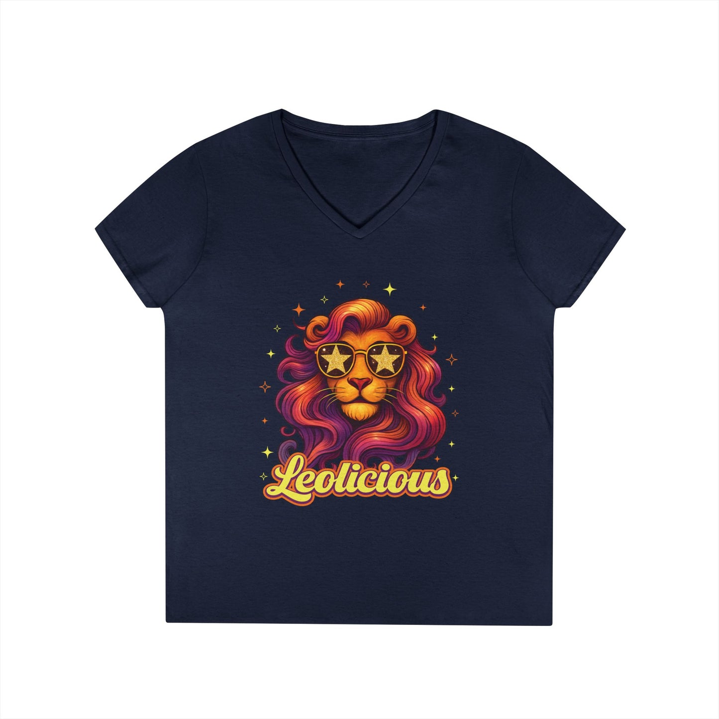 Leolicious Women’s V-Neck Tee – Empowering Retro Lion Zodiac Shirt