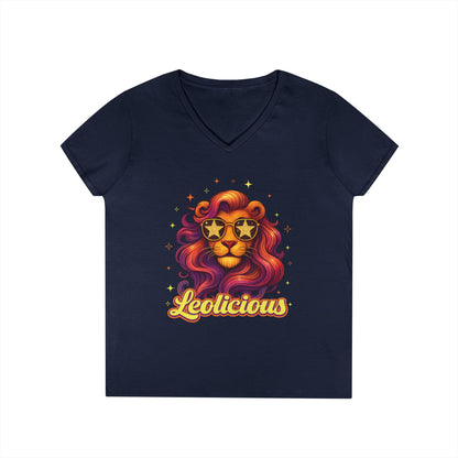 Leolicious Women’s V-Neck Tee – Empowering Retro Lion Zodiac Shirt