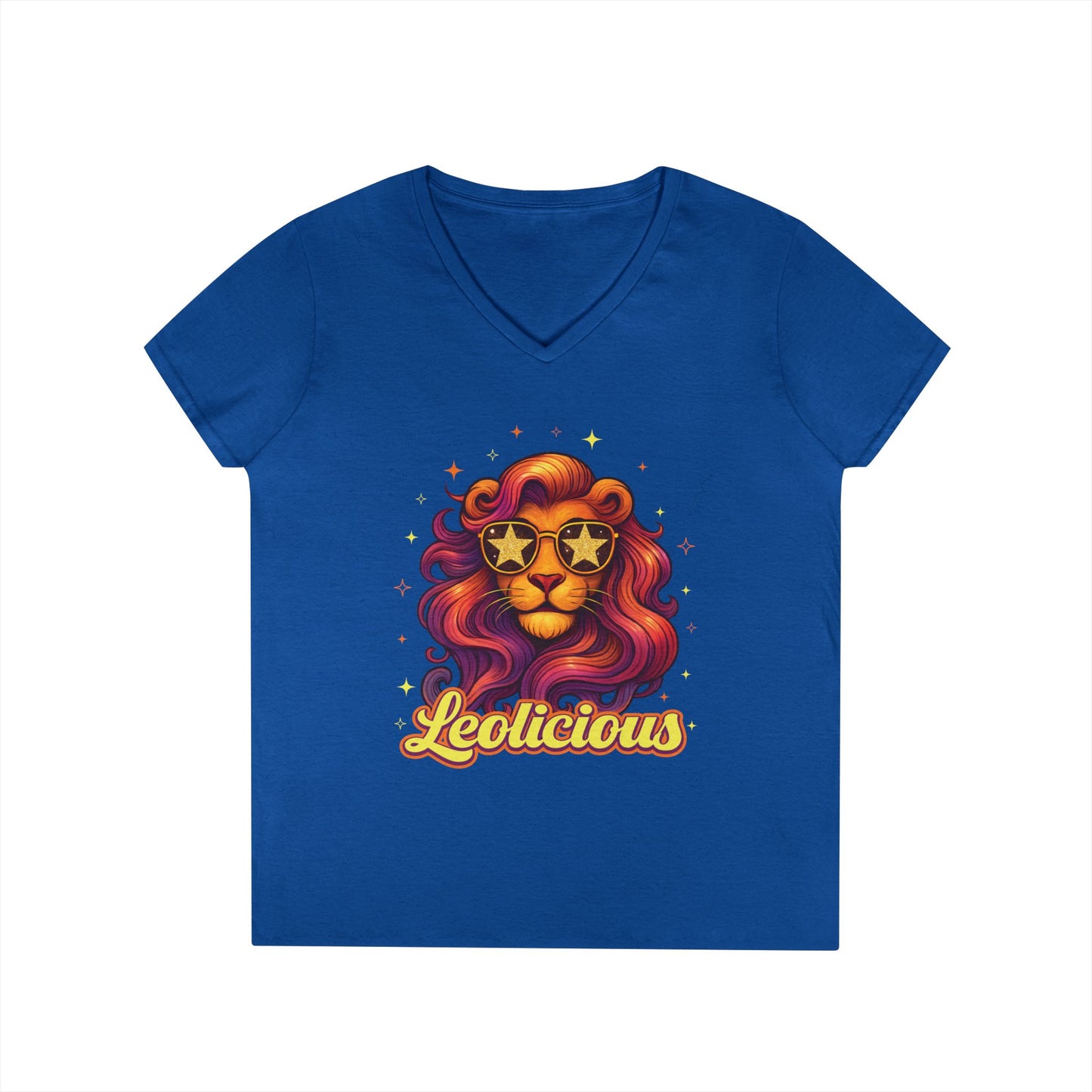 Leolicious Women’s V-Neck Tee – Empowering Retro Lion Zodiac Shirt
