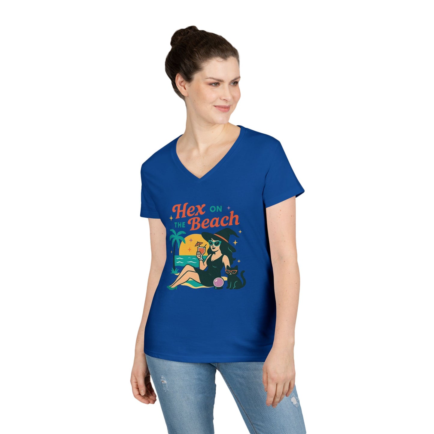Hex on the Beach Women’s V-Neck Tee – Funny Magical Tropical Witch Shirt