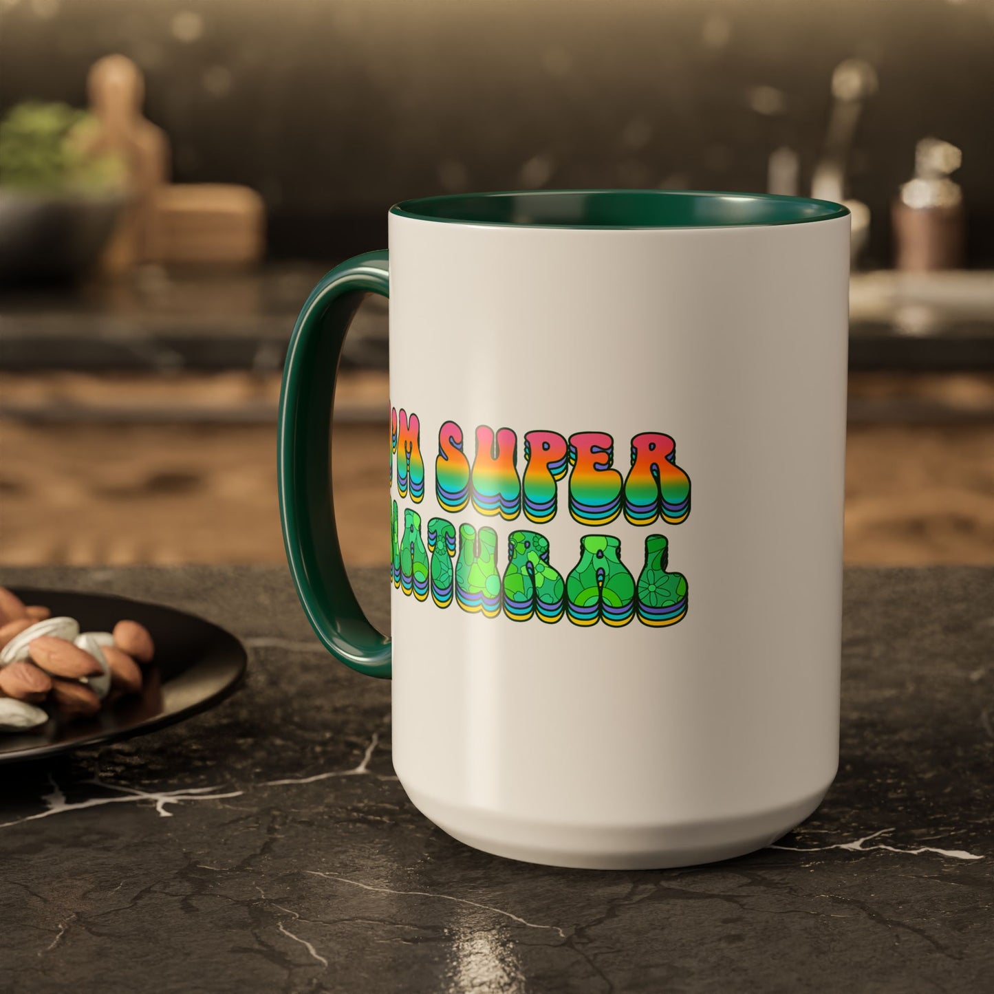 I’m Super Natural – Groovy Earth Goddess Two-Sided Mug (Yellow or Green, 11oz & 15oz)