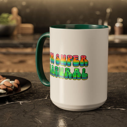 I’m Super Natural – Groovy Earth Goddess Two-Sided Mug (Yellow or Green, 11oz & 15oz)