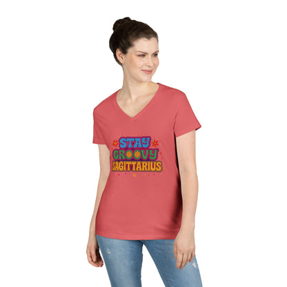 Stay Groovy Sagittarius Women’s V-Neck Tee – Empowering Retro Zodiac Shirt