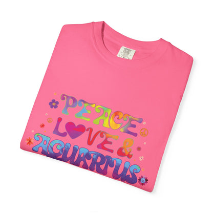 Peace Love & Aquarius Tee – Groovy Multicolor Zodiac Shirt