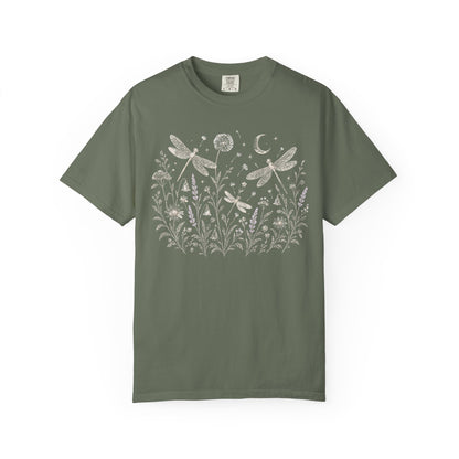 Boho Floral Night Sky Dragonfly Meadow T-Shirt