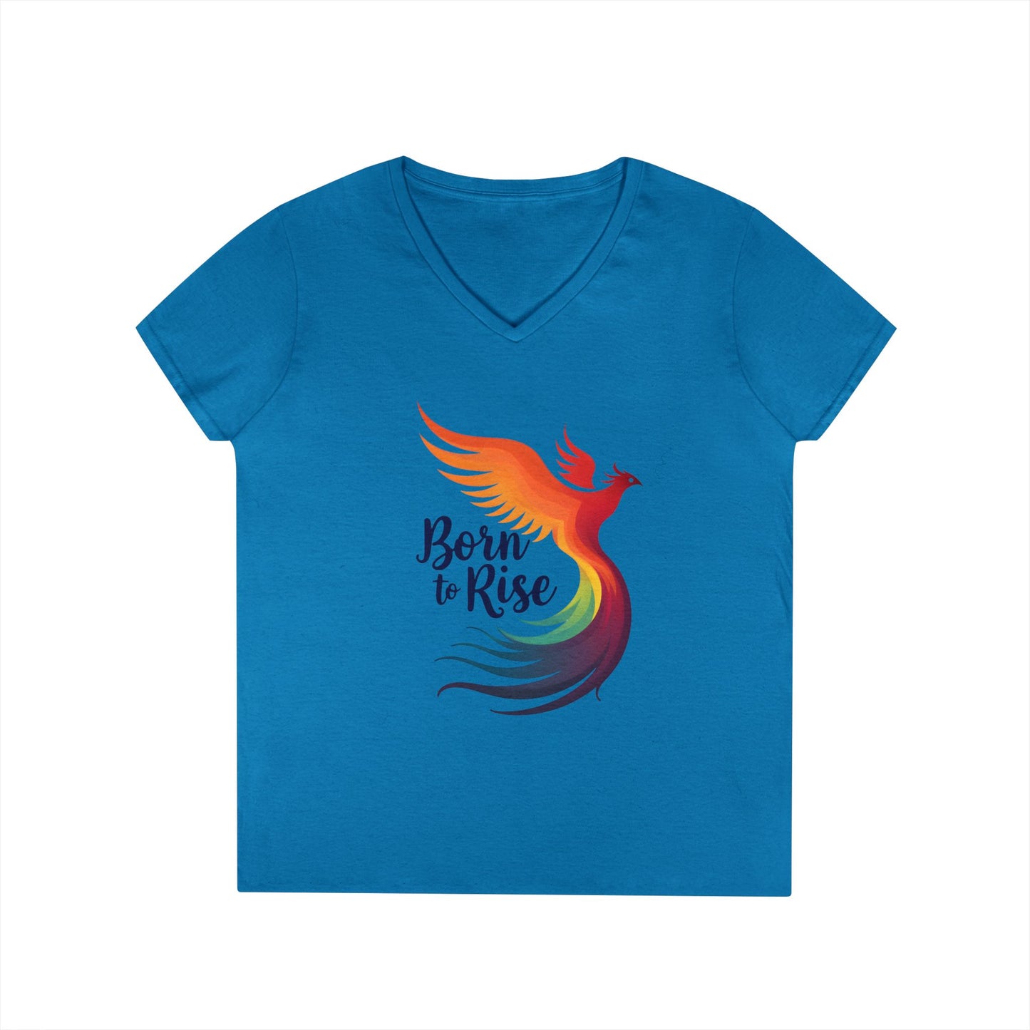 Born to Rise Women’s V-Neck Tee – Empowering Phoenix Colorful Shirt