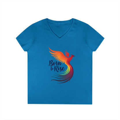 Born to Rise Women’s V-Neck Tee – Empowering Phoenix Colorful Shirt