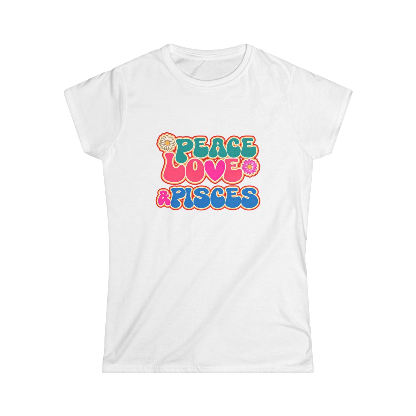 Peace Love & Pisces Softstyle Tee for Women | Boho Zodiac Graphic Shirt | Astrology Apparel for Pisces | Relaxed Star Sign Tee | Everyday Gift for Water Sign Lovers
