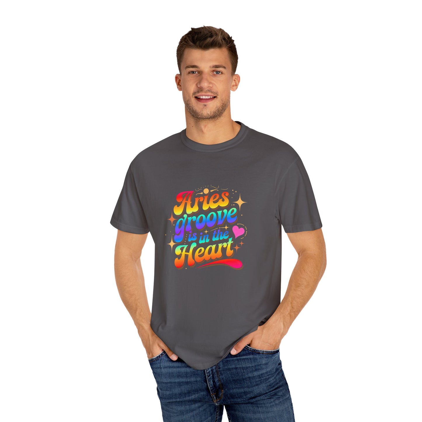 Aries Groove Is in the Heart – Rainbow Retro Zodiac Tee