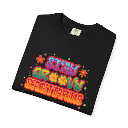 Stay Groovy Sagittarius – Retro Zodiac Flower Power Tee