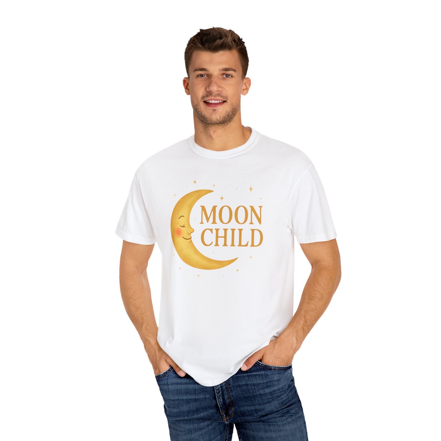Moon Child Crescent Tee – Vibrant Golden Celestial Comfort Colors 1717 Shirt