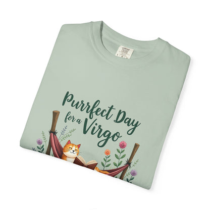 Purrfect Day for a Virgo – Cozy Cat & Hammock Zodiac Tee