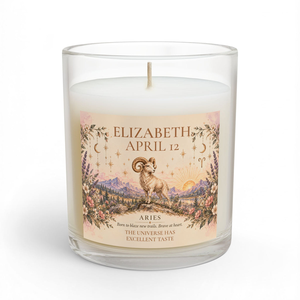 Personalized Aries Zodiac Candle | Whimsical Floral Ram Astrology Gift