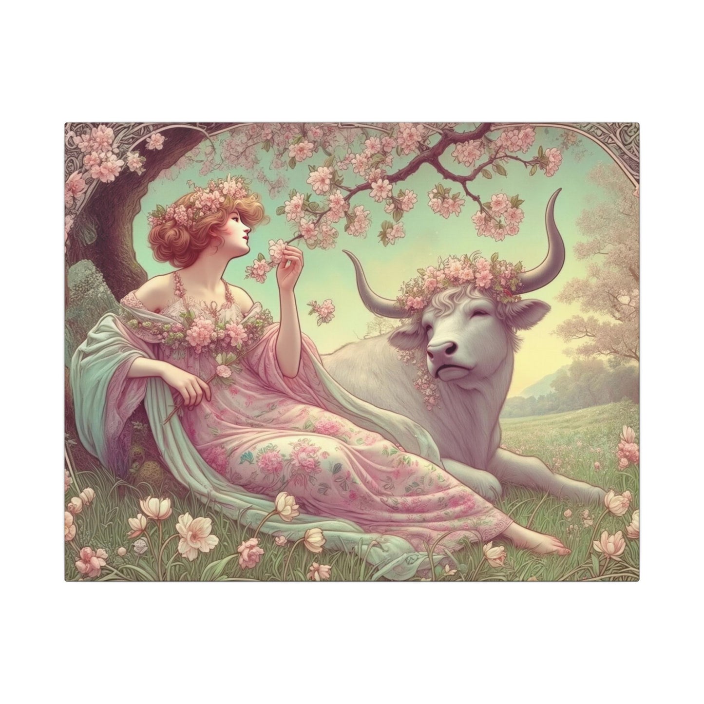 Secret Meadow: Bull and Bloom | Taurus Goddess Art Nouveau Zodiac Wall Art