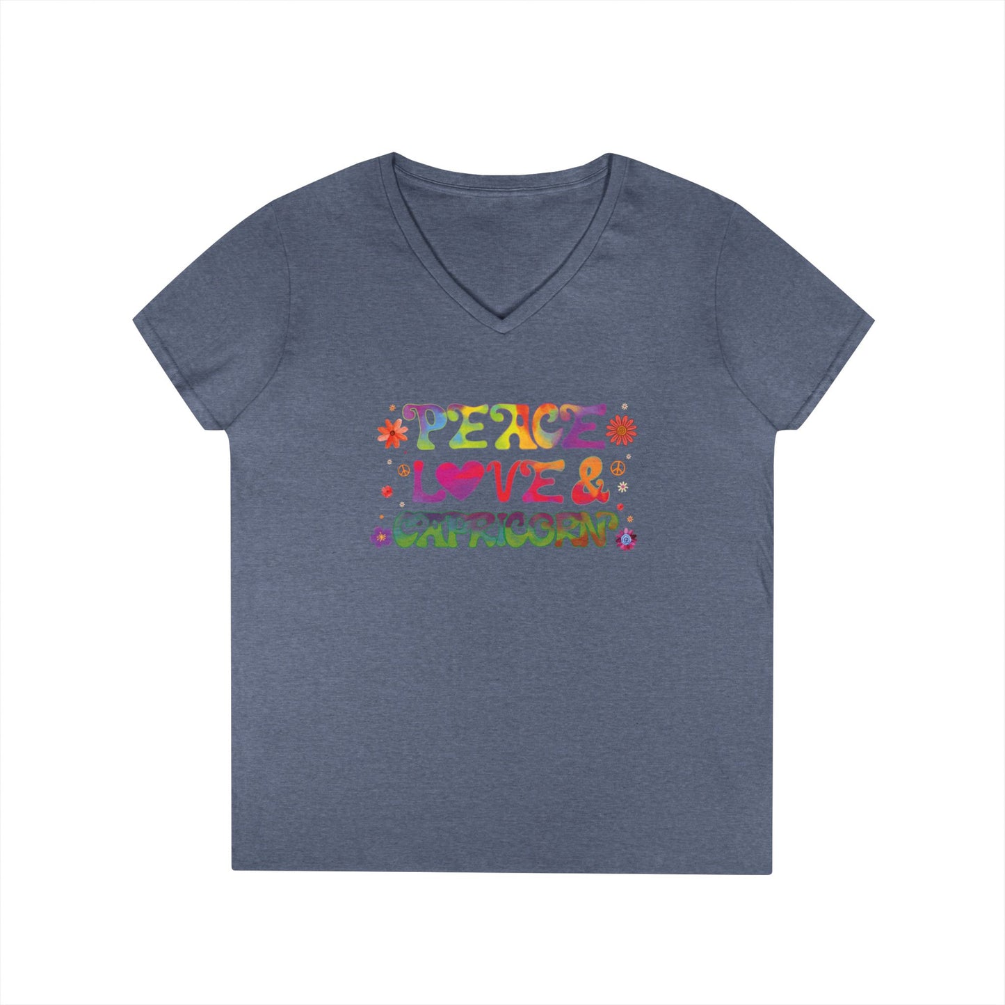 Peace Love Capricorn Women’s V-Neck Tee – Empowering Retro Zodiac Shirt
