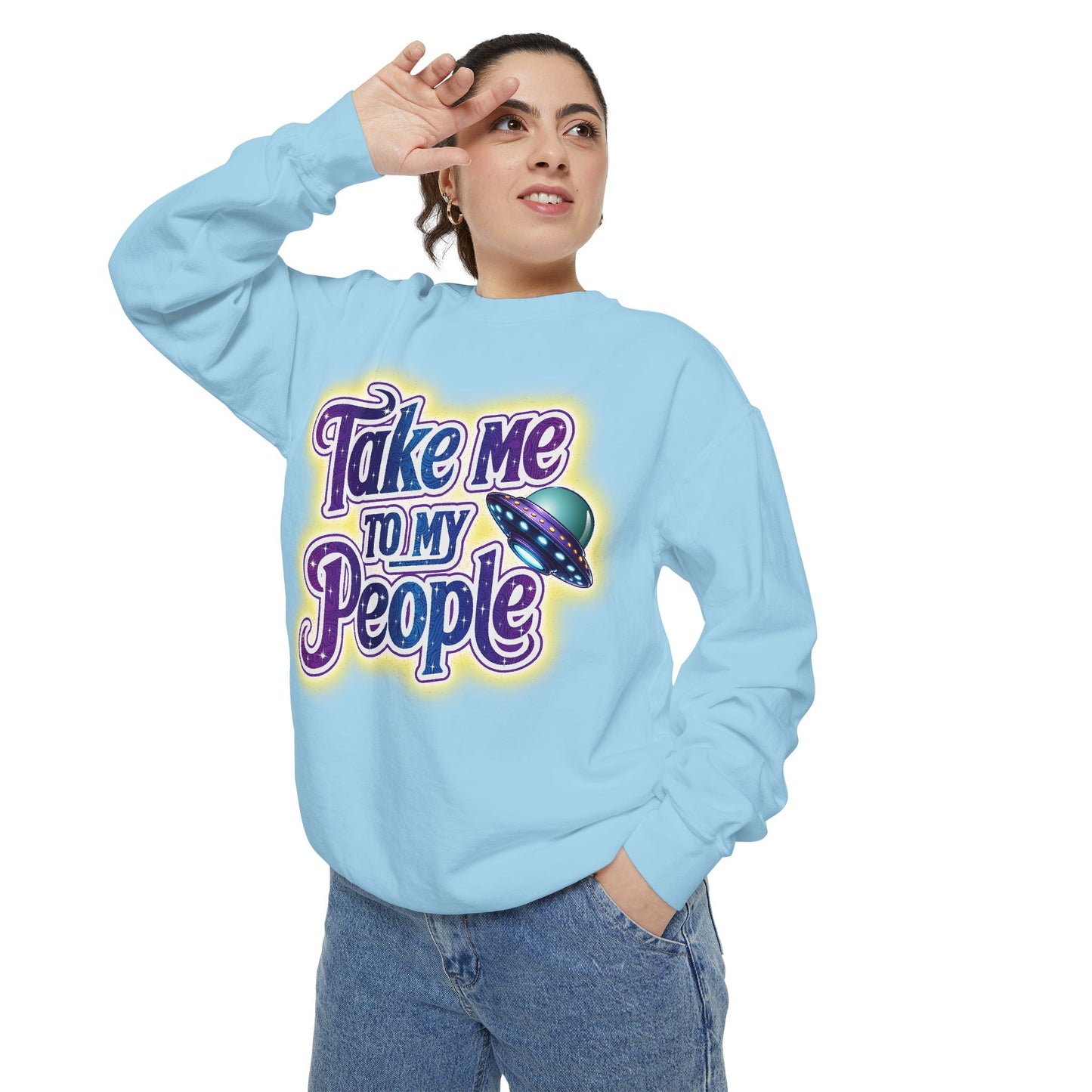 Take Me To My People  – Retro Funny UFO Alien Sweatshirt | Comfort Colors Unisex Pullover