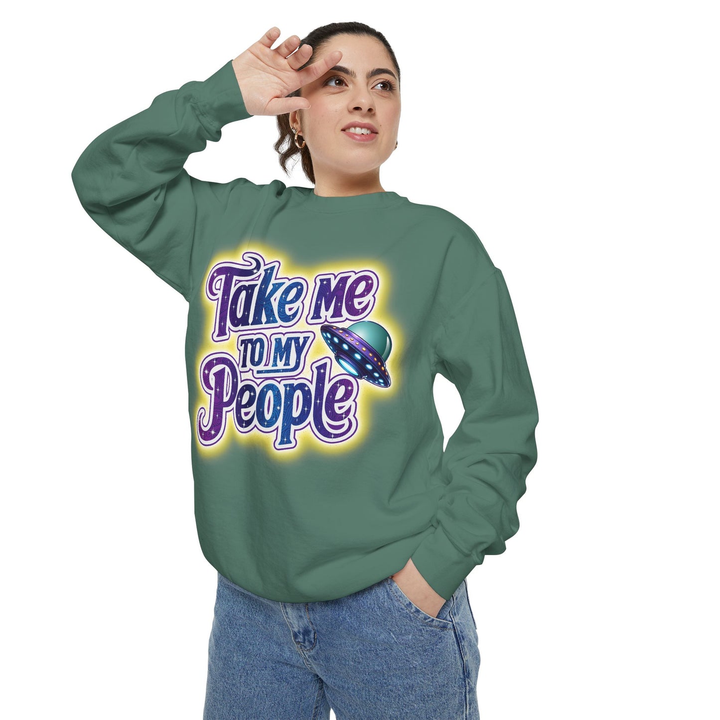 Take Me To My People  – Retro Funny UFO Alien Sweatshirt | Comfort Colors Unisex Pullover