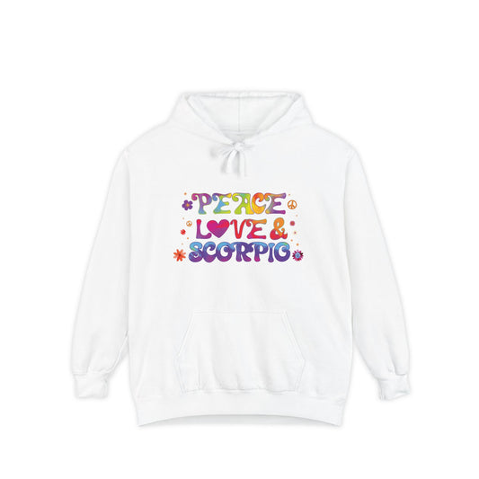 Peace Love & Scorpio Unisex Hoodie – Groovy Retro Comfort Colors Midweight Hoodie