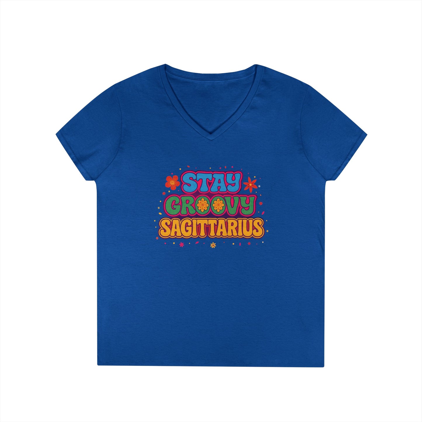 Stay Groovy Sagittarius Women’s V-Neck Tee – Empowering Retro Zodiac Shirt