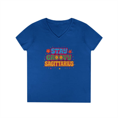 Stay Groovy Sagittarius Women’s V-Neck Tee – Empowering Retro Zodiac Shirt