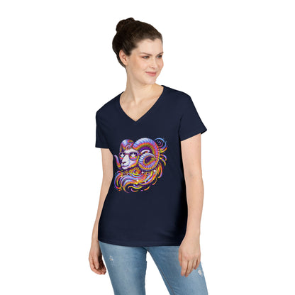 Psychedelic Ram Women’s V-Neck Tee – Empowering Aries Zodiac Shirt