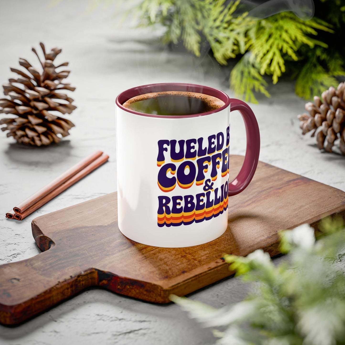 Fueled by Coffee & Rebellion – Funny Retro Mug (Color Accent, 11oz & 15oz)