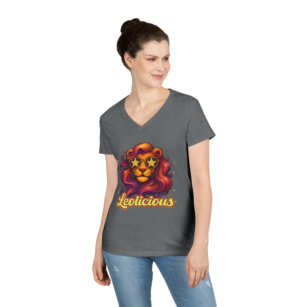 Leolicious Women’s V-Neck Tee – Empowering Retro Lion Zodiac Shirt