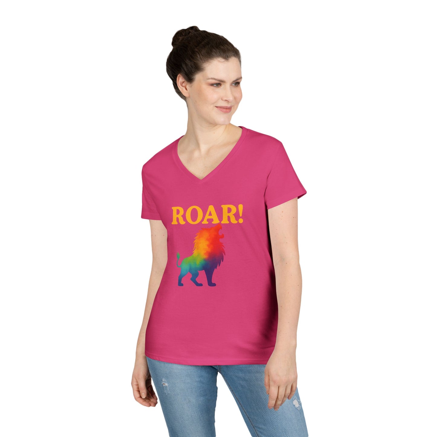 Roar Lion Women’s V-Neck Tee – Empowering Rainbow Zodiac Leo Shirt