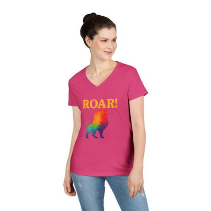 Roar Lion Women’s V-Neck Tee – Empowering Rainbow Zodiac Leo Shirt
