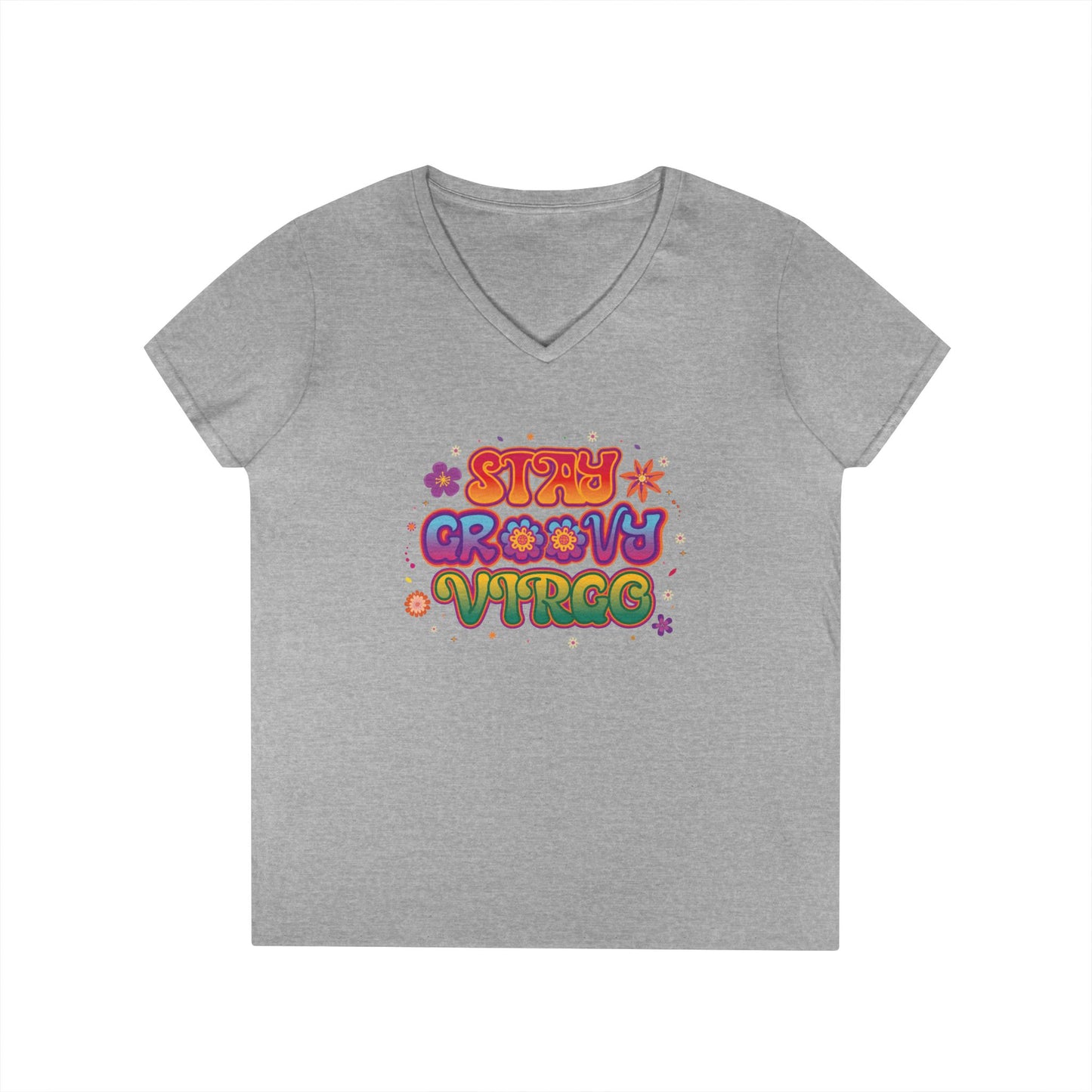 Stay Groovy Virgo Women’s V-Neck Tee – Empowering Retro Zodiac Shirt