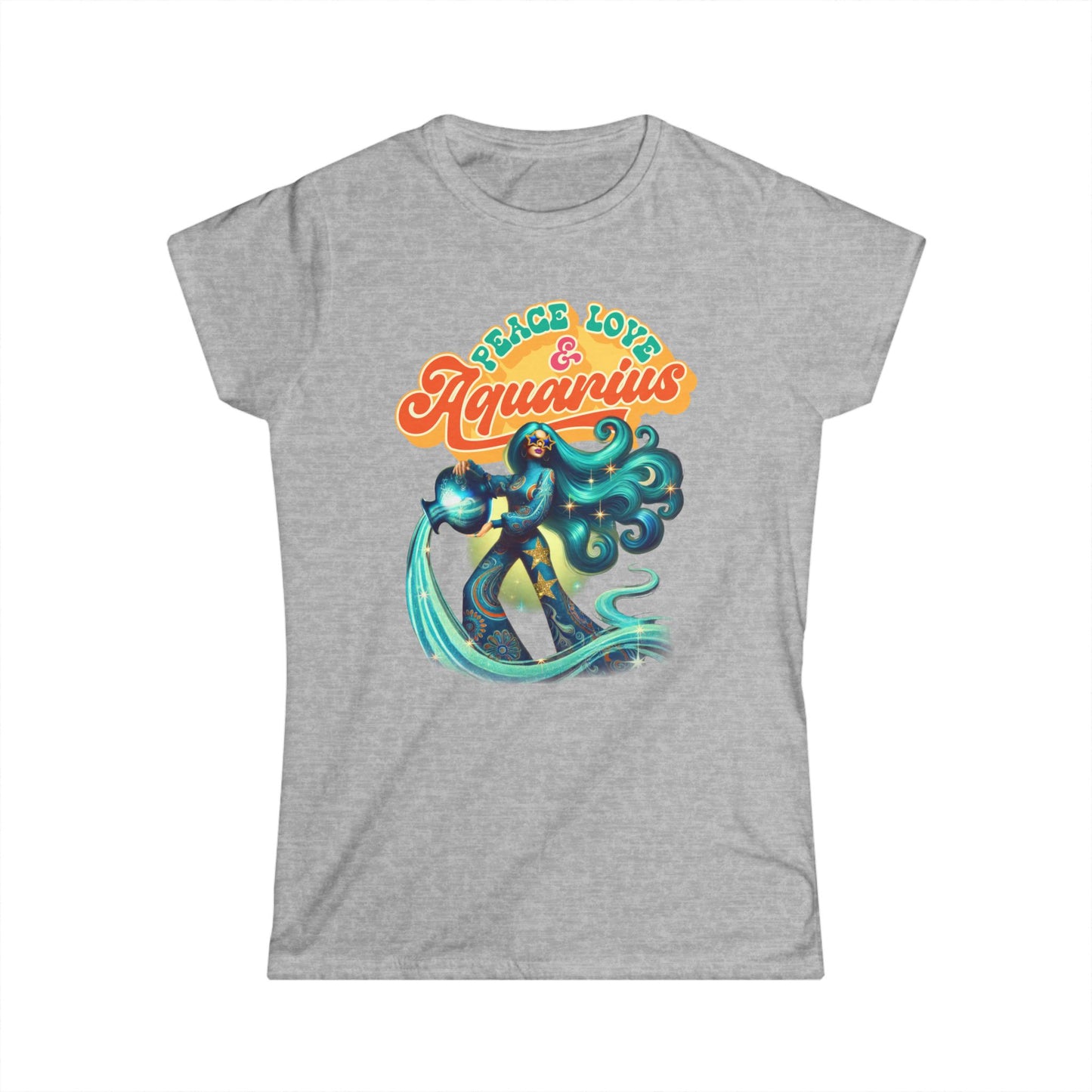 Peace Love Aquarius Women’s Softstyle Tee – Empowering Retro Zodiac Shirt