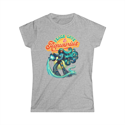 Peace Love Aquarius Women’s Softstyle Tee – Empowering Retro Zodiac Shirt