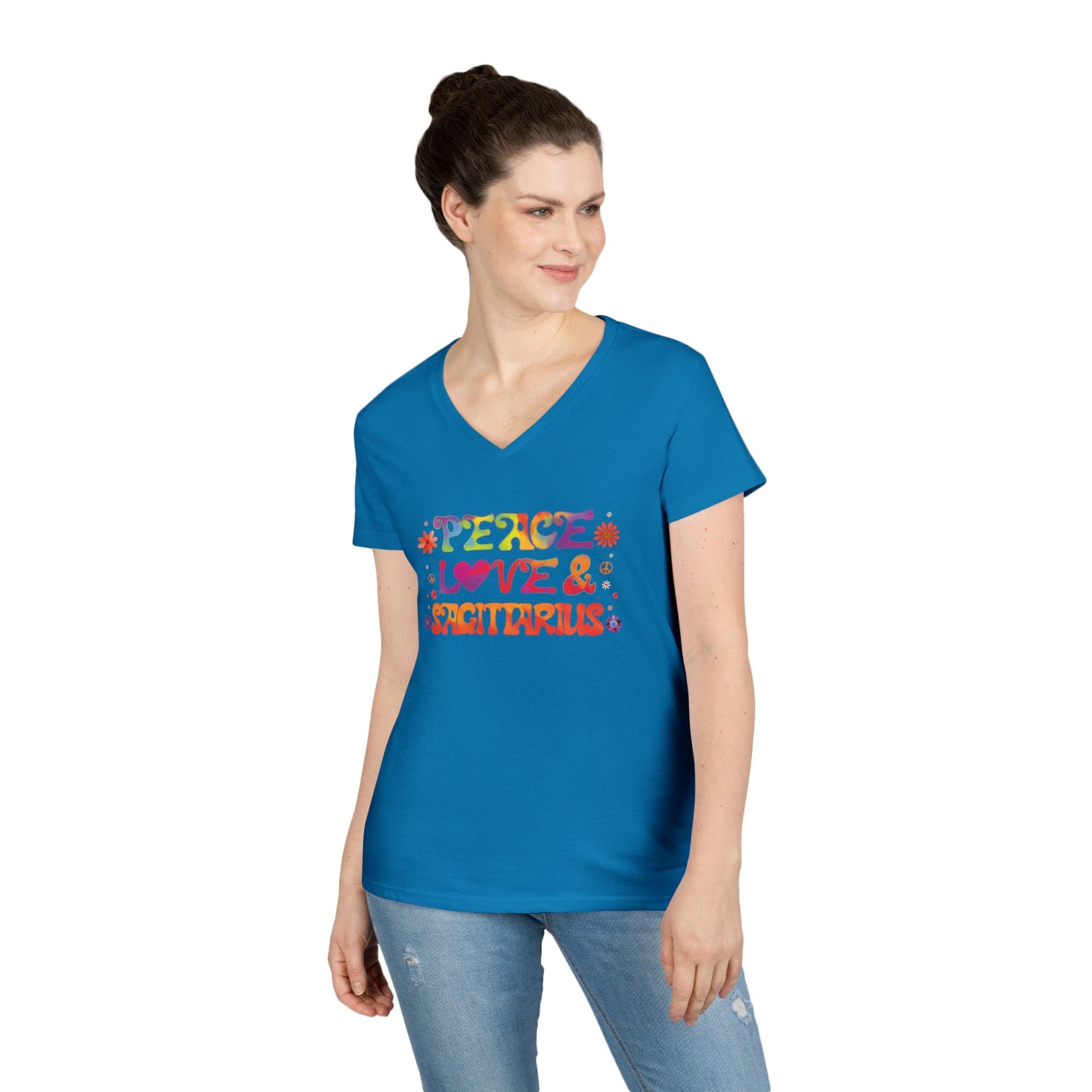 Peace Love Sagittarius Women’s V-Neck Tee – Empowering Retro Zodiac Shirt