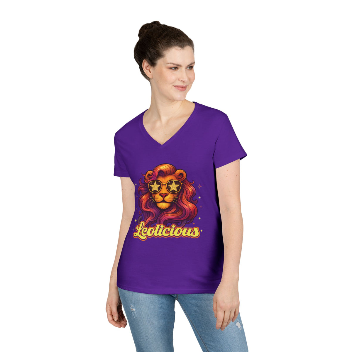 Leolicious Women’s V-Neck Tee – Empowering Retro Lion Zodiac Shirt