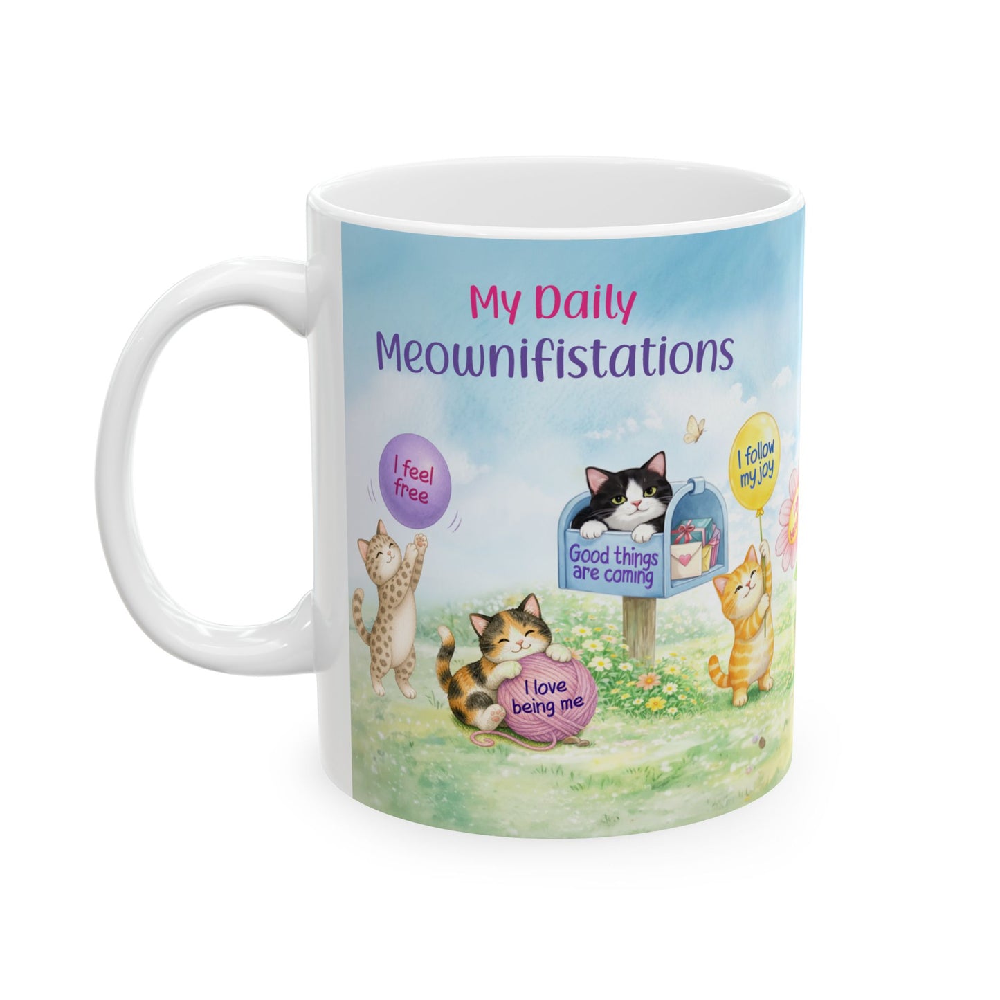 Daily Meownifistations Mug - Positive Affirmation Cat Coffee Cup - Cute Motivational Gift for Cat Lovers