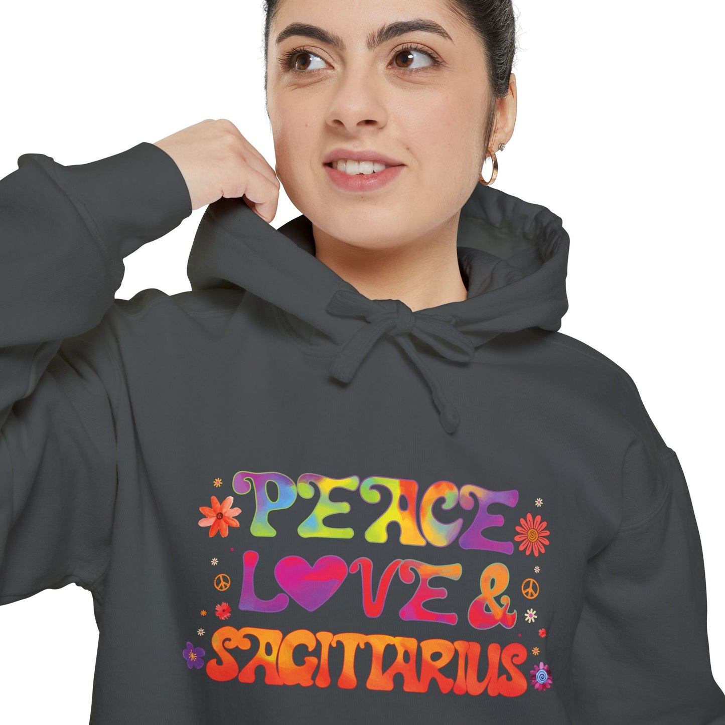 Peace Love & Sagittarius Unisex Hoodie – Groovy Retro Comfort Colors Midweight Hoodie