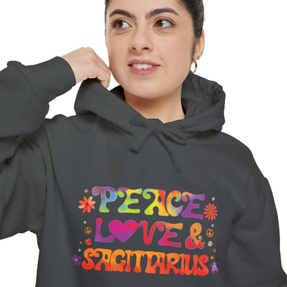 Peace Love & Sagittarius Unisex Hoodie – Groovy Retro Comfort Colors Midweight Hoodie