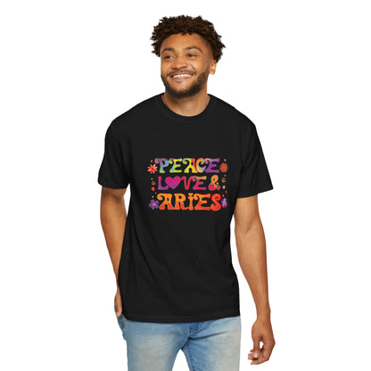 Peace Love & Aries – Colorful Retro Zodiac Tee
