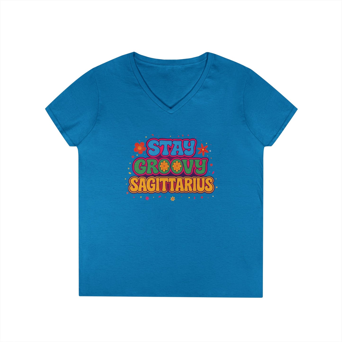 Stay Groovy Sagittarius Women’s V-Neck Tee – Empowering Retro Zodiac Shirt