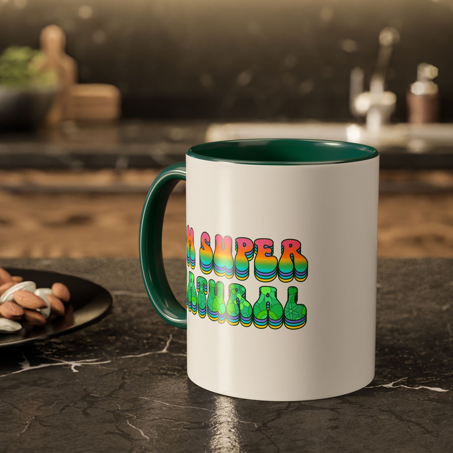 I’m Super Natural – Groovy Earth Goddess Two-Sided Mug (Yellow or Green, 11oz & 15oz)