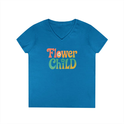 Flower Child Women’s V-Neck Tee – Empowering Retro Floral Colorful Shirt