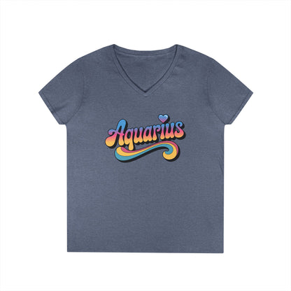 Retro Aquarius Women's V-Neck Tee – Empowering Colorful Zodiac Shirt