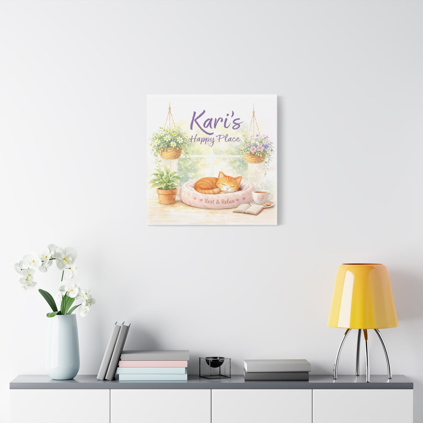 Personalized Cat Canvas Print - "Kari's Happy Place" Cozy Pet Wall Art