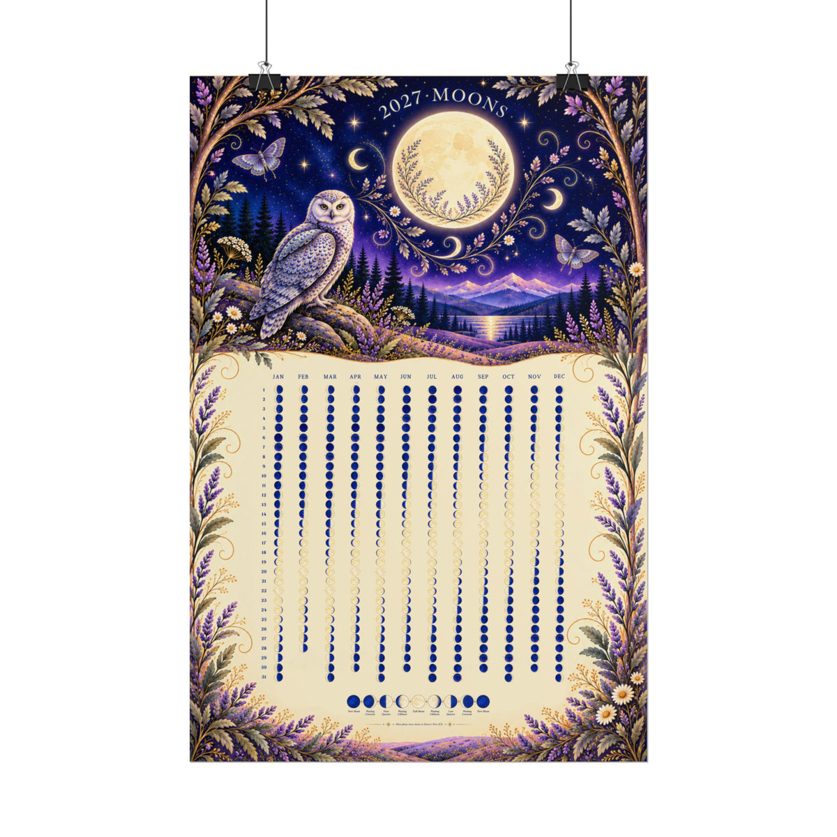 Moonlit Owl Magic – 2027 Moon Phase Calendar Poster